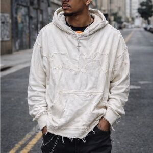 AIREI Designer Distressed Hoodie Sweatshirt Ivory Size Large